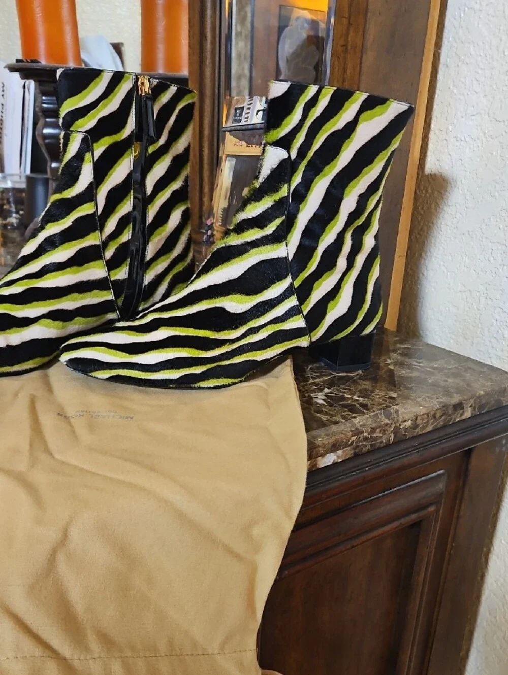 Michael Kors Black White Lime Zebra-Print Ankle Booties